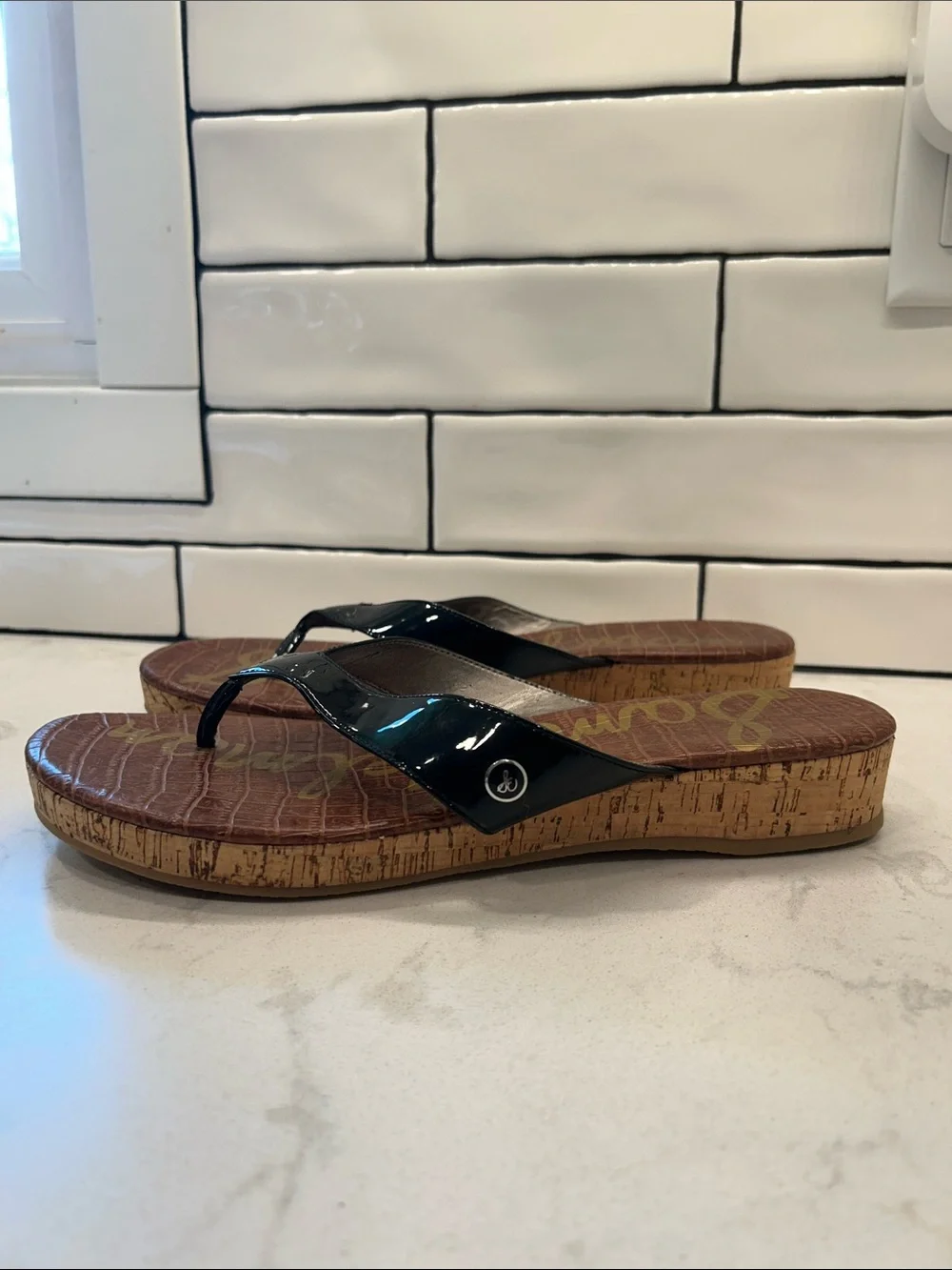 Sam Edelman Women’s Tanya Cork Wedge Sandals Black Patent Leather SlipOn 12 M